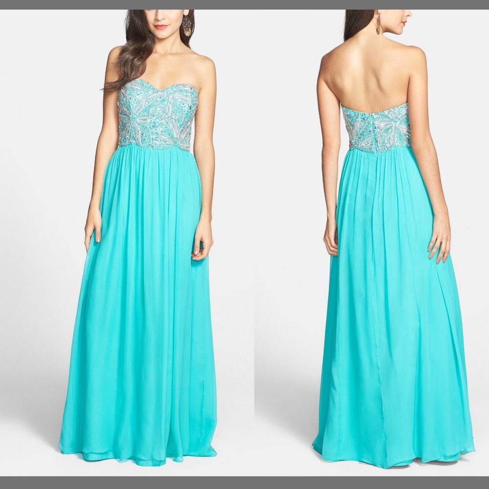 NEW$358 Sean Collection Embellished Strapless Silk Gown Tropical Blue [SZ 8 ]‎